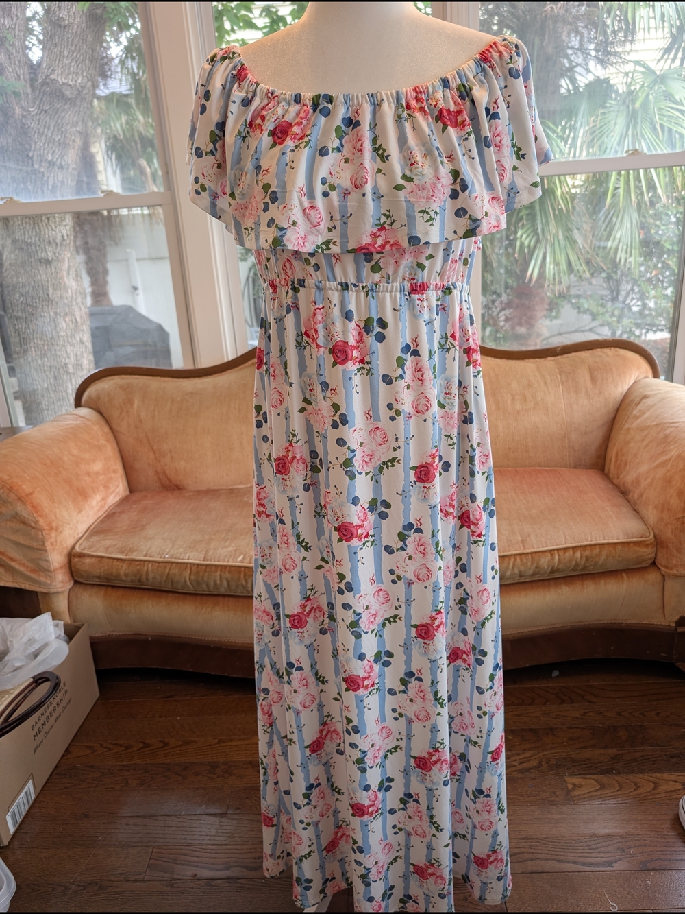 Floral Off-Shoulder Maxi Dress Women's Size L Blue and Pink Cottage Core